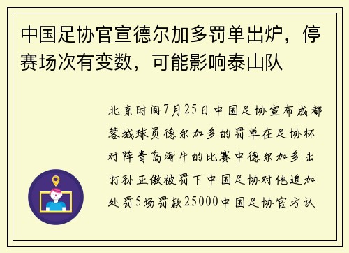中国足协官宣德尔加多罚单出炉，停赛场次有变数，可能影响泰山队